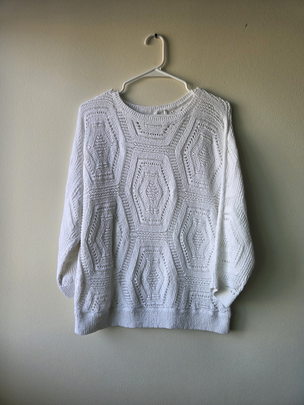 J Jill Women’s White Crochet 3/4 Sleeve Knit Sweater Size S